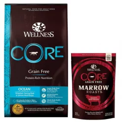 Wellness CORE Ocean Whitefish, Herring & Salmon Recipe Dry Food + Marrow Roasts Hearty Beef Recipe Dog Treats