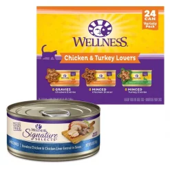 Wellness Chicken & Turkey Lovers Canned Cat Food, 3-oz, case of 24 + Wellness CORE Signature Selects Shredded Boneless Chicken & Chicken Liver Entree in Sauce Grain-Free Canned Cat Food, 5.3-oz, case of 12