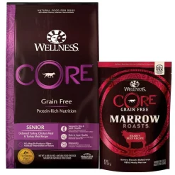 Wellness CORE Grain-Free Senior Deboned Turkey Recipe Dry Dog Food, 24-lb bag + Wellness CORE Grain-Free Marrow Roasts Hearty Beef Recipe Dog Treats, 8-oz bag