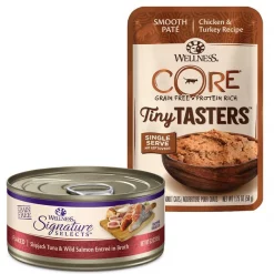 Wellness CORE Signature Selects Flaked Skipjack Tuna & Wild Salmon Entree in Broth Grain-Free Canned Cat Food, 5.3-oz, case of 12 + Wellness CORE Tiny Tasters Chicken & Turkey Pate Grain-Free Cat Food Pouches, 1.75-oz, pack of 12