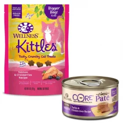 Wellness Kittles Grain-Free Salmon & Cranberries Recipe Crunchy Cat Treats, 6-oz bag + Wellness CORE Natural Grain-Free Turkey & Chicken Liver Pate Canned Kitten Food, 3-oz, case of 12