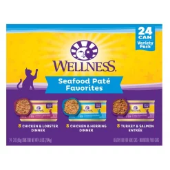 Wellness Seafood Pate Favorites Canned Cat Food, 3-oz, case of 24 + Wellness CORE Signature Selects Flaked Skipjack Tuna & Wild Salmon Entree in Broth Grain-Free Canned Cat Food, 5.3-oz, case of 12 -Wellness CORE || Caitec Sales 2022 298732 PT5. SY630 V1621983767